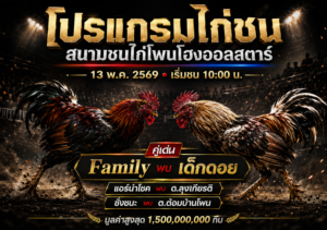 โปรแกรมไก่ชน สนามชนไก่โพนโฮงออลสตาร์ 13 พ.ค. 2569 เริ่ม 10:00 น. พร้อมคู่ชน