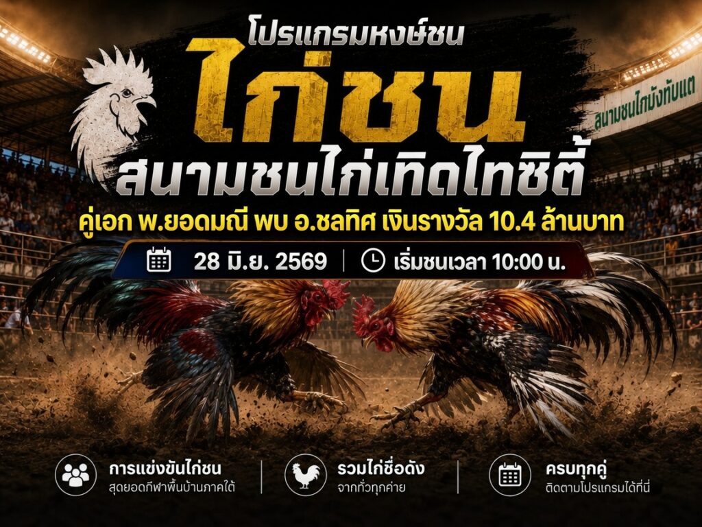 โปรแกรมไก่ สนามชนไก่เทิดไทซิตี้ วันที่ 28 มิ.ย. 2569 | เริ่มชนเวลา 10:00 น.